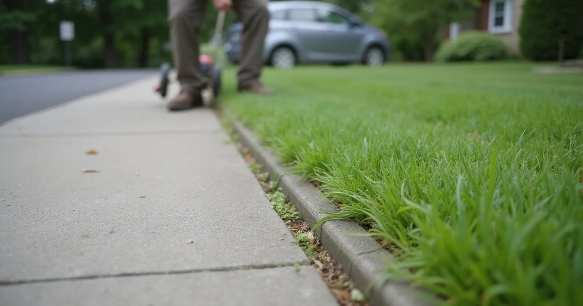 Connecticut suburban lawn with crew member finishing perimeter edge work after mowing