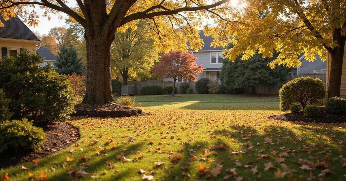 Connecticut yard mid-fall with leaves accumulated on lawn and beds, autumn light