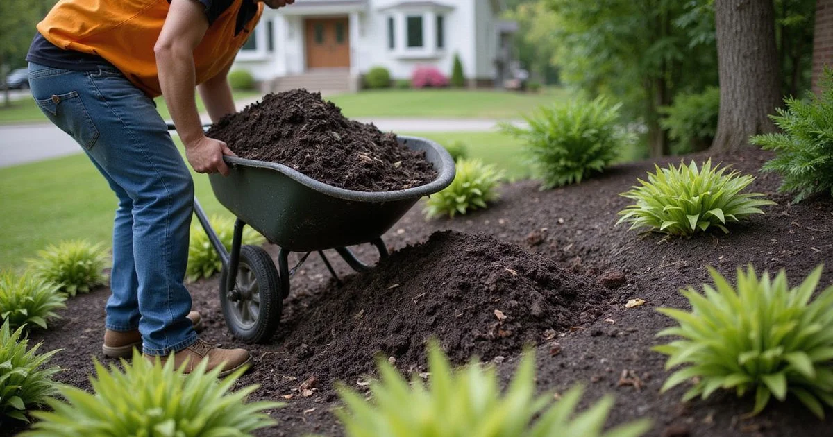 Crew spreading fresh dark bark mulch in a Hartford County garden bed