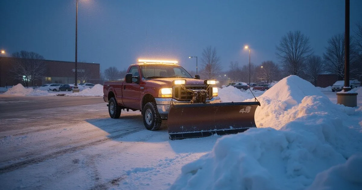 Snow plow clearing a commercial parking lot in Hartford County early morning